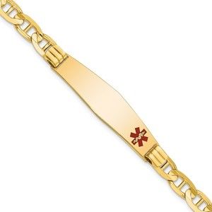 14k Yellow Gold Medical Soft Diamond Shape Red Enamel Anchor Link ID Bracelet 7"